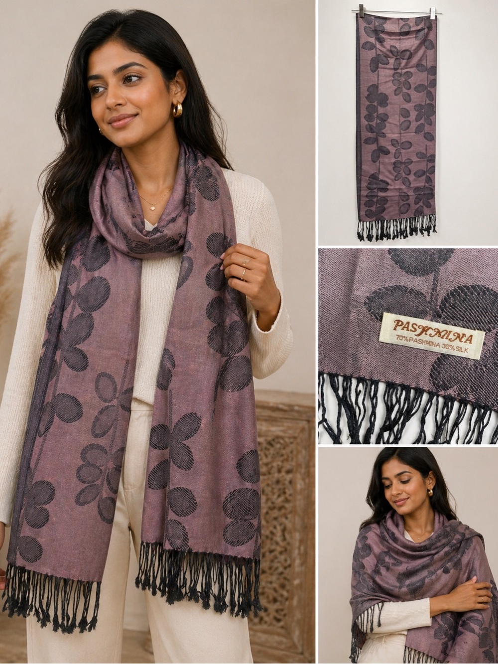 Pashmina Silk Blend Scarf Shawl Floral Fringe Wrap Mauve Gray
